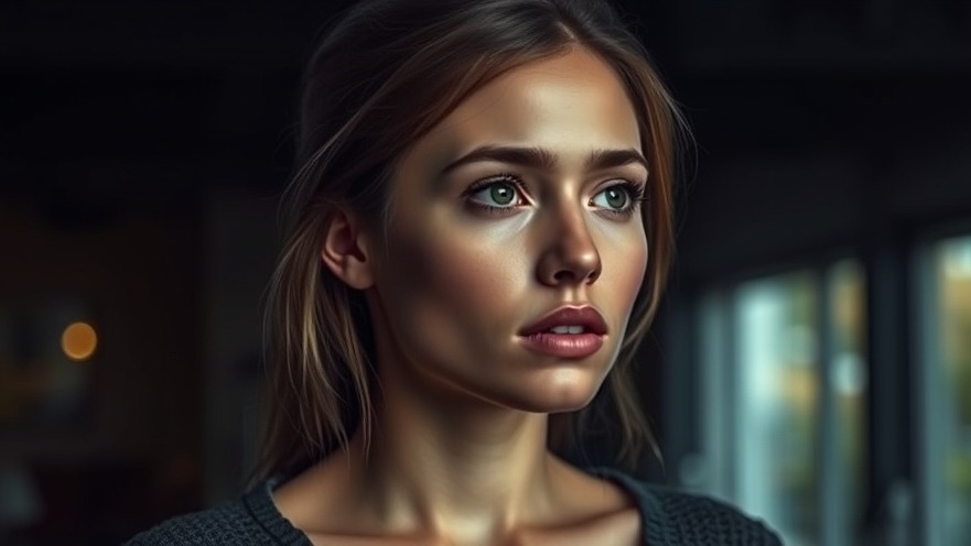 Young woman with a pondering expression, Photorealistic Lifelike, dark indoor background, highly detailed, balanced colors, soft lighting