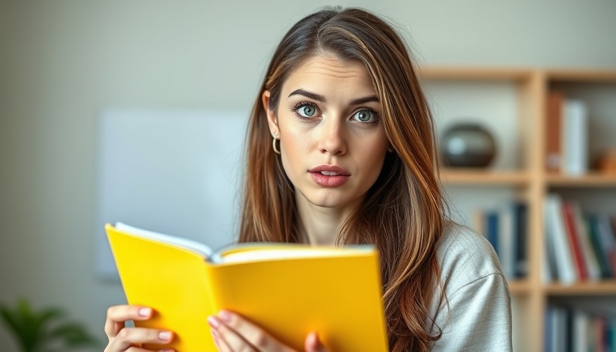 Young woman, inquisitive expression, holding a yellow planner, photorealistic lifelike, indoor background with a bookshelf, highly detailed, text overlay, soft lighting