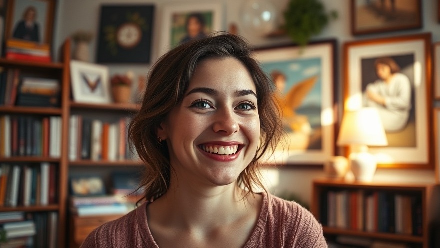 Bright young woman smiling, Cinematic Photo, cozy room with books and art in the background, highly detailed, cheerful atmosphere, soft colors, warm lighting