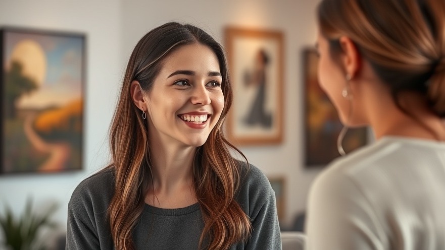 A young woman with long brown hair and small hoop earrings smiles warmly while having a conversation with another person whose back is turned to the camera. She's wearing a gray sweater and standing in a cozy living space decorated with framed artwork on the walls and a plant visible in the corner.