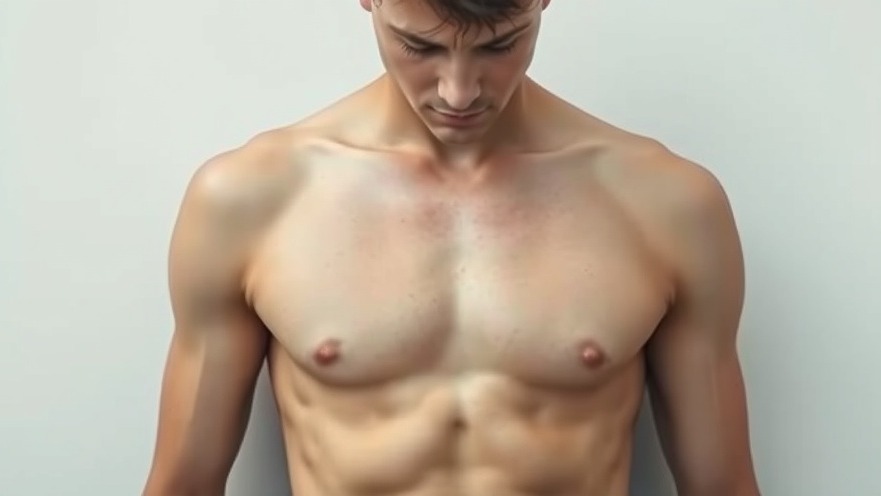 A shirtless young man with brown hair looking downward, photographed from chest up against a plain light background. He has a muscular, athletic build with defined chest and abdominal muscles."
