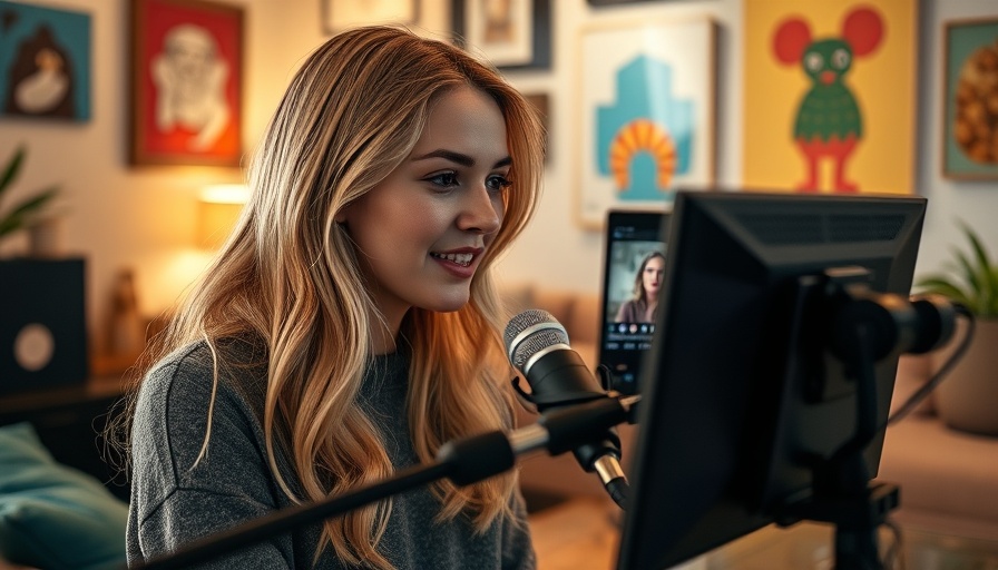 A young woman with long, wavy blonde hair sits at a desk recording a podcast or video content. She's wearing a gray sweater and speaking into a professional microphone on an adjustable arm. Behind her is a colorful wall displaying various framed artwork and posters. A laptop is open on the desk showing what appears to be a video call or streaming interface. The setting has warm lighting and appears to be a creative home studio or workspace designed for content creation.
