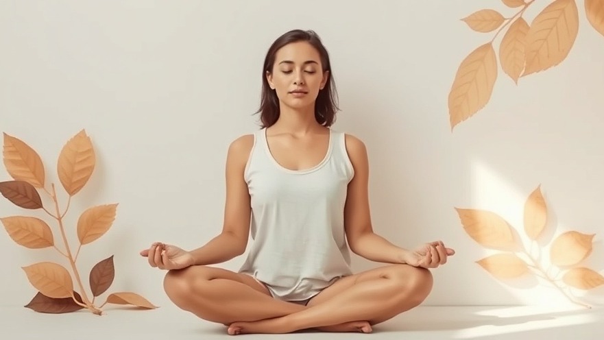 A young woman with shoulder-length dark hair sits cross-legged in a peaceful meditation pose with her eyes closed and hands resting on her knees in a mudra position. She's wearing a light gray tank top against a soft, neutral background decorated with warm-toned autumn leaves in shades of orange, brown, and gold. Gentle lighting creates a serene, mindful atmosphere perfect for wellness, meditation, or mental health content.