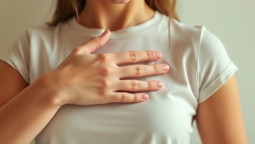 A woman in a white t-shirt with her hand placed on her chest, fingers spread across the center of her torso. The image shows her from approximately the neck down to mid-torso, with long blonde hair visible at the edges of the frame.