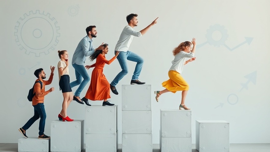 Five diverse professionals climbing ascending white blocks or steps against a light background with gear icons, symbolizing teamwork, career advancement, and business growth. From left to right: a bearded man in an orange shirt reaching upward, a woman in dark clothing, a woman in a red dress, a man in light clothing pointing ahead from the highest block, and a woman in a yellow skirt leaping between blocks. The composition suggests collaborative success and upward mobility in a corporate or entrepreneurial context.