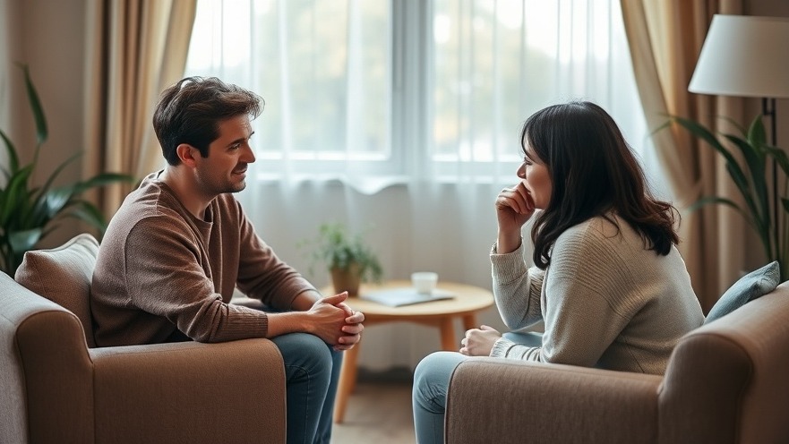 A man and woman sit facing each other on beige armchairs in a cozy, well-lit living room, engaged in conversation. The man wears a brown sweater and jeans, while the woman wears a cream-colored sweater and jeans with her hand thoughtfully placed near her chin. Large windows with beige curtains provide natural light in the background, and the room features warm, neutral tones with plants and a side table visible in the scene.