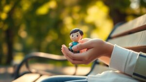A person's cupped hands holding a small toy figure of a smiling child with dark hair wearing a teal shirt. The hands are wearing a light blue or white sweater sleeve. The background shows a blurred outdoor park setting with golden autumn foliage and what appears to be a bench, creating a warm, gentle atmosphere with soft natural lighting.