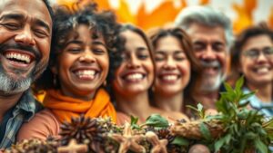 A joyful group of diverse people of various ages smiling broadly at the camera in what appears to be a selfie-style photo. In the foreground on the left is a man with a gray beard and wide smile, followed by several people including women and men with different skin tones, all expressing genuine happiness. The background has warm orange and golden tones suggesting autumn or sunset lighting. In the lower portion of the image, there are green plants and what appears to be small potted succulents or herbs, suggesting they may be at a garden center, farmers market, or plant-related gathering.