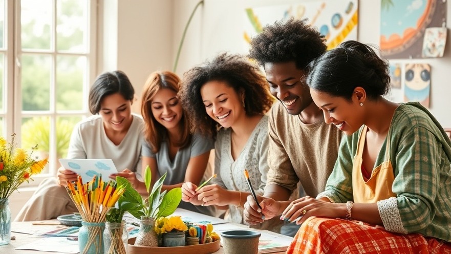 A group of five diverse women gather around a table in a bright, creative workspace, all smiling and engaged in what appears to be an art or craft project. They're seated closely together, looking down at papers or materials on the table. The women have various hairstyles and are wearing casual, comfortable clothing in neutral and earth tones. The table is filled with art supplies including colored pencils in a jar, a small potted plant, and various papers. In the background, there are windows providing natural light and colorful artwork or posters on the walls, creating a warm, collaborative atmosphere that suggests a workshop, art class, or creative meeting space.RetryClaude can make mistakes. Please double-check responses.
