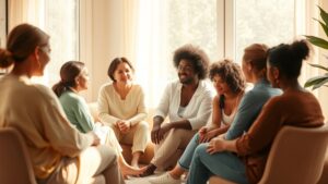 A diverse group of seven women sitting in a circle in a bright, sunlit room with large windows. The women appear to be engaged in conversation, with warm, genuine smiles and relaxed body language suggesting a supportive group discussion or therapy session. They're wearing casual, comfortable clothing in neutral and pastel tones - whites, beiges, light blues, and greens. The setting has a warm, welcoming atmosphere with natural light streaming through sheer curtains and a green plant visible in the corner. The women represent different ethnicities and ages, and their positioning in a circle creates an intimate, inclusive environment typical of support groups or wellness gatherings.