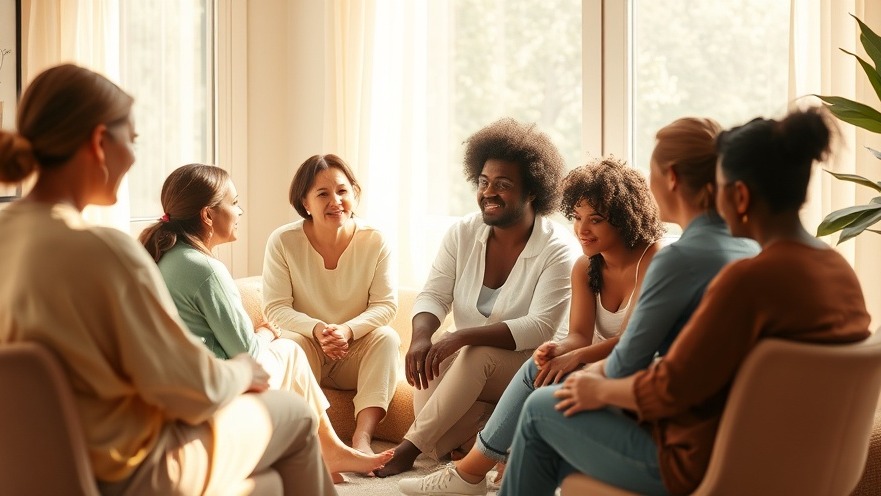 A diverse group of seven women sitting in a circle in a bright, sunlit room with large windows. The women appear to be engaged in conversation, with warm, genuine smiles and relaxed body language suggesting a supportive group discussion or therapy session. They're wearing casual, comfortable clothing in neutral and pastel tones - whites, beiges, light blues, and greens. The setting has a warm, welcoming atmosphere with natural light streaming through sheer curtains and a green plant visible in the corner. The women represent different ethnicities and ages, and their positioning in a circle creates an intimate, inclusive environment typical of support groups or wellness gatherings.