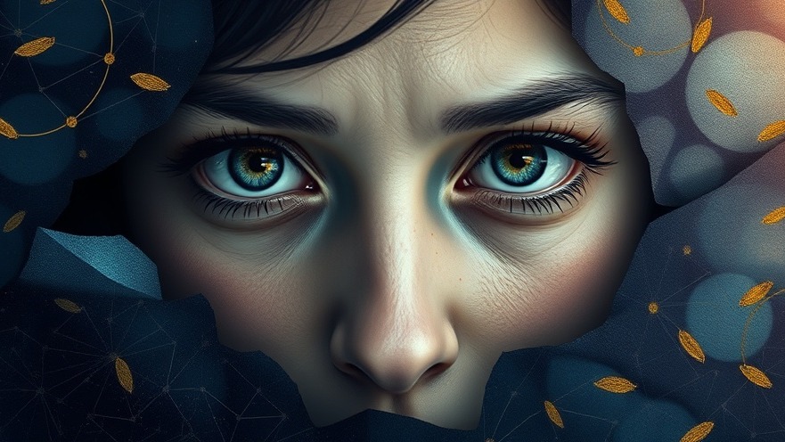 A stylized digital art portrait showing a close-up of a woman's face with striking turquoise-blue eyes and dark eyebrows. Her face is partially framed or surrounded by dark blue fabric or material decorated with small golden leaf patterns. The artwork has a dreamy, ethereal quality with soft lighting that emphasizes her piercing gaze and delicate facial features. The composition focuses on the eyes and upper portion of the face, creating an intimate and mystical atmosphere with the decorative golden elements adding visual interest to the deep blue tones.
