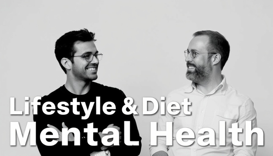 A black and white photograph showing two men in conversation, both wearing glasses and smiling warmly at each other. The man on the left has dark hair and is wearing a black shirt, while the man on the right has a beard and is wearing a light-colored collared shirt. Large white text overlay reads "Lifestyle & Diet Mental Health" across the bottom portion of the image. The background is a plain light gray, and the overall composition suggests this is promotional material for a podcast, video series, or educational content about mental health topics.