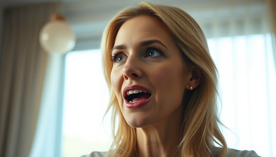 A close-up portrait of a young woman with long, wavy blonde hair and blue eyes, looking upward with her mouth open as if speaking animatedly or expressing surprise. She's wearing small gold stud earrings and appears to be in a bright, modern interior space with large windows and white curtains visible in the soft-focused background. Natural light illuminates her face, creating a warm, bright atmosphere.