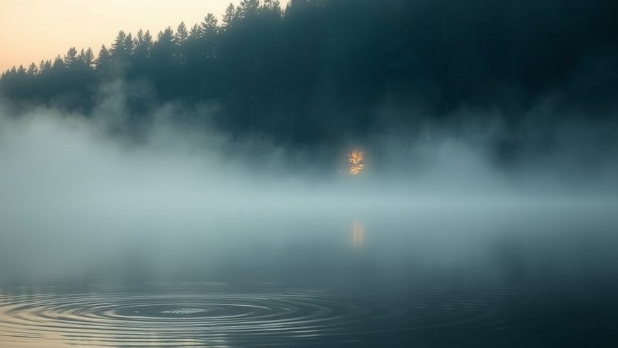 A serene lake scene at dawn or dusk with thick fog rolling across the water's surface. In the foreground, concentric ripples spread across the calm, dark water. A dense forest of evergreen trees covers the hillside in the background, partially obscured by layers of mist. A single tree with golden autumn foliage stands out prominently in the middle distance, glowing warmly against the cool, misty atmosphere. The tree's reflection is visible in the still water below. The overall mood is peaceful and atmospheric, with soft lighting creating a dreamy, ethereal quality to the landscape