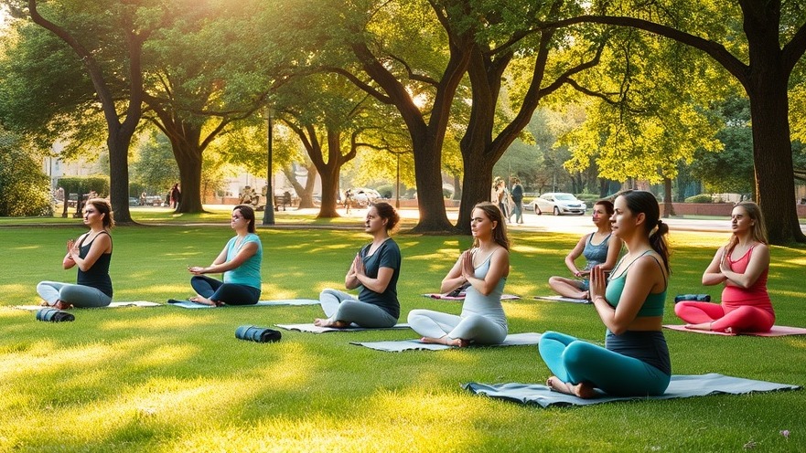 A group of seven women participate in an outdoor yoga class in a park setting. They are seated on yoga mats on green grass, all in meditation poses with their hands pressed together in prayer position. The women are wearing various colored athletic wear including tank tops and leggings in shades of teal, gray, pink, and other colors. Behind them, large mature trees with full green foliage create a canopy, with dappled sunlight filtering through the leaves. The peaceful park scene includes some people and cars visible in the background, suggesting this is taking place in a public urban park during golden hour lighting.RetryClaude can make mistakes. Please double-check responses. Sonnet 4