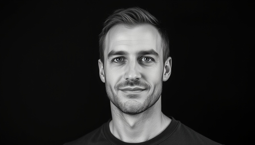 A black and white portrait photograph of a young man with short, neatly styled hair and facial stubble. He has a slight smile and is looking directly at the camera with a confident, friendly expression. He's wearing what appears to be a dark-colored crew neck shirt or sweater. The image is shot against a plain black background, creating a clean, professional headshot-style composition with dramatic lighting that emphasizes the subject's facial features.