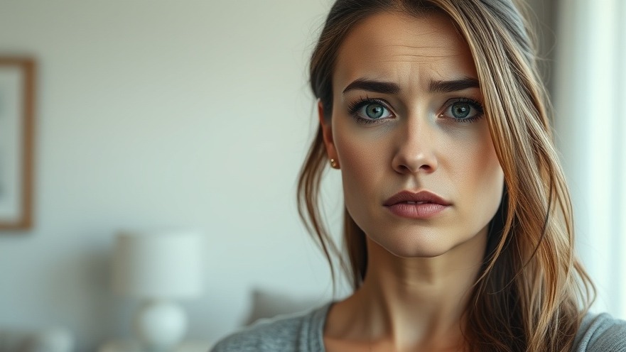 A close-up portrait of a young woman with striking blue-green eyes and blonde hair with darker roots, looking directly at the camera with a serious, contemplative expression. She's wearing a gray top and small stud earrings. The background is softly blurred, showing a bright, modern interior space with white walls and what appears to be a framed picture, with natural light coming from a window on the right side of the frame.