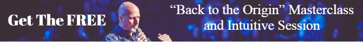 A promotional banner advertisement featuring a bald man speaking into a microphone against a dark blue background with bokeh light effects. The banner contains white text that reads 'Get The FREE' on the left side and '"Back to the Origin" Masterclass and Intuitive Session' on the right side. The overall design suggests this is marketing material for some type of spiritual or personal development program or webinar.