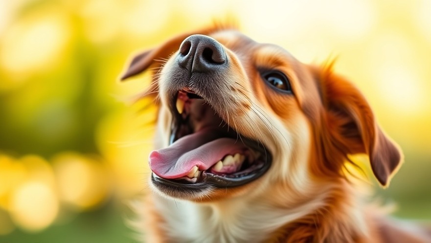 A close-up photograph of a happy dog with its mouth wide open in what appears to be a joyful expression or panting. The dog has brown and white fur with distinctive markings, floppy ears, and bright eyes. Its pink tongue is visible as it appears to be smiling or laughing. The background is beautifully blurred with warm, golden bokeh lighting that suggests outdoor sunlight filtering through trees or foliage, creating a cheerful, summery atmosphere. The image captures the dog's enthusiastic and playful personality.