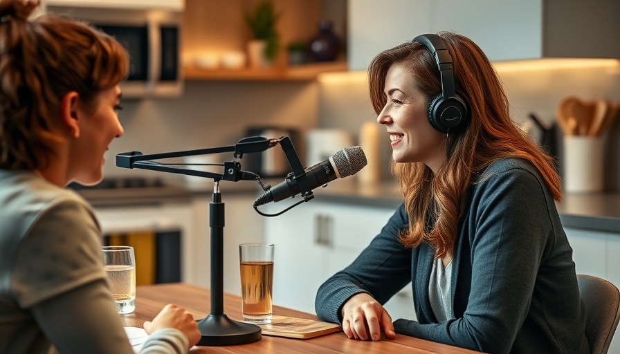 Two women recording a podcast in a modern kitchen setting. The woman on the right has shoulder-length reddish-brown hair and is wearing black headphones and a teal cardigan, speaking animatedly into a professional microphone on a boom arm. She's smiling and engaged in conversation with another woman on the left who has her hair in a bun and is wearing a light-colored top. On the wooden table between them are glasses of what appears to be tea or another amber-colored beverage, along with some papers or notes. The background shows a contemporary kitchen with warm lighting, wooden shelves, and modern appliances.
