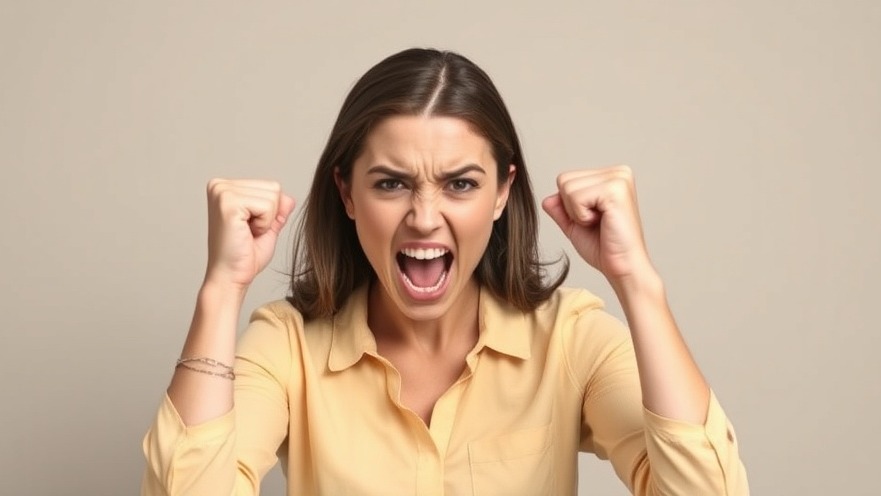 A woman with shoulder-length brown hair wearing a yellow button-up shirt displays an expression of intense anger or frustration. She has her fists raised near her face, her mouth is open in what appears to be a yell or scream, and her eyebrows are furrowed in a scowl. The background is a neutral beige color.